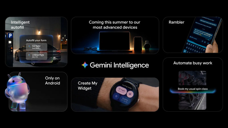 Collage of images showcasing various Gemini intelligence features such as create my widget and` intelligent autofill