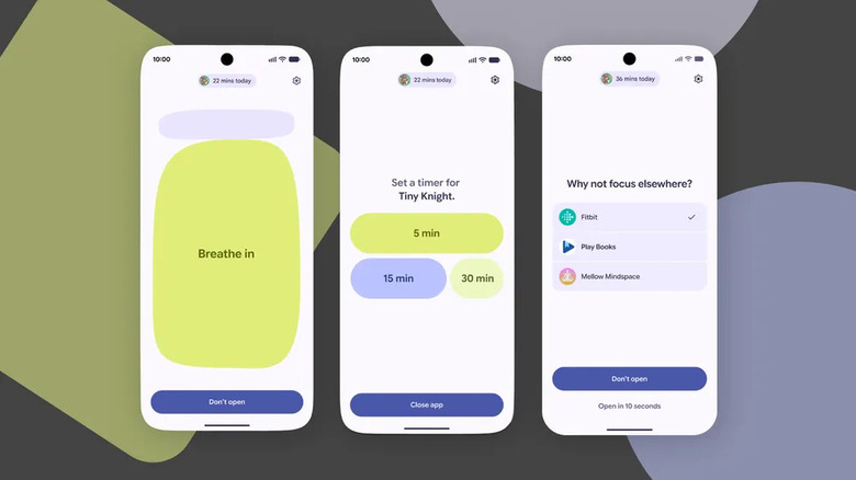 Display of three screens showing different options for Android's new Pause Point feature