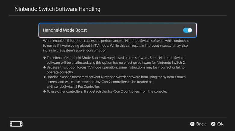 Handheld mode boost setting page on Switch 2