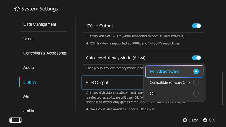 HDR setting turned on in Switch 2 settings menu