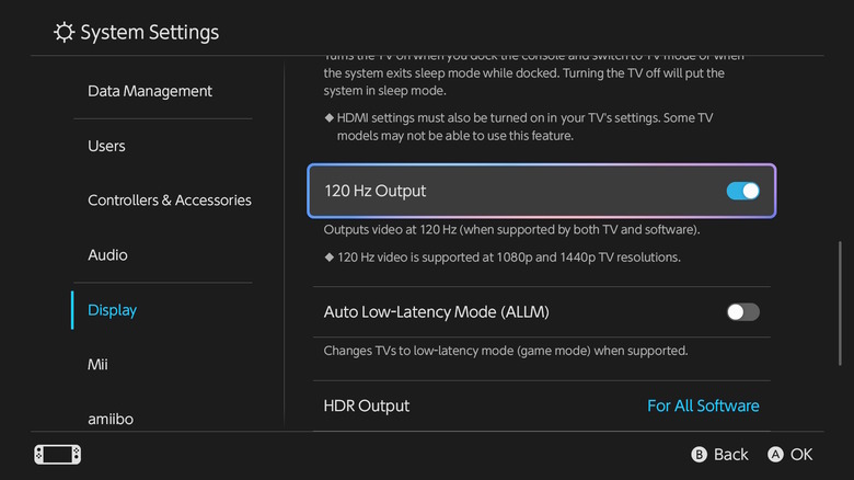 System settings page on Switch 2 showing 120 Hz mode turned on