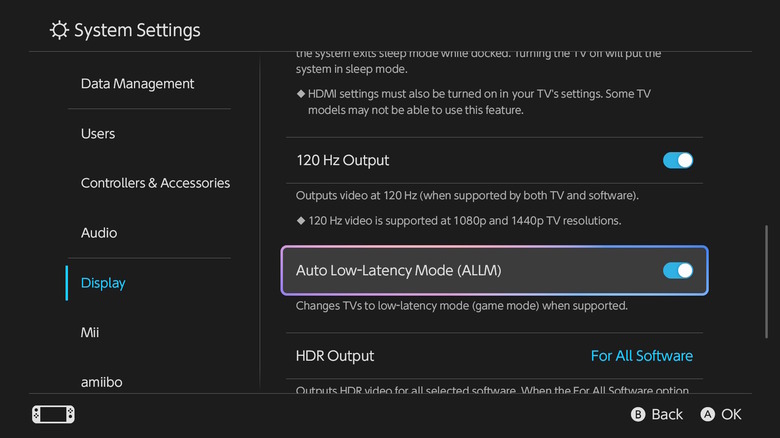 ALLM mode turned on in Switch 2 settings