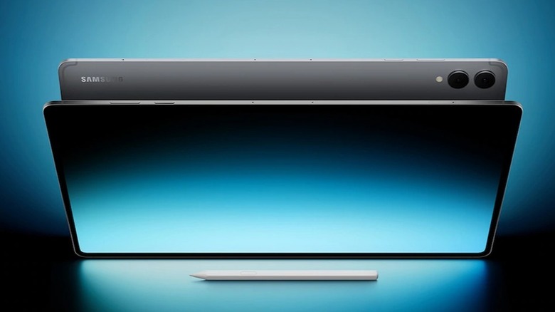 Samsung Galaxy Tab S11 showing screen and rear of the table with stylus, on blue background