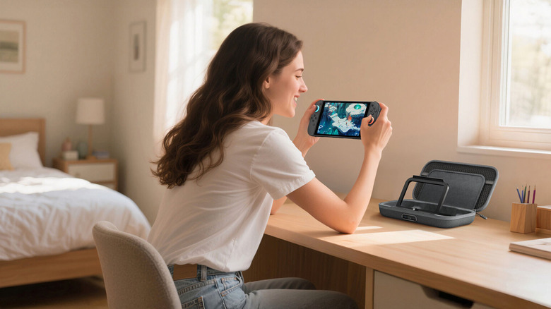 A woman at a desk in a bedroom holding a Nintendo Switch 2 with the Belkin Case Pro in front of it.
