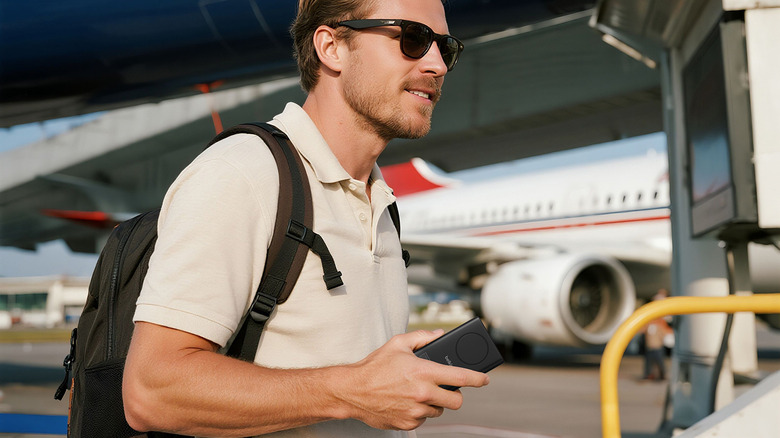 A man wearing sunglasses and a backpack at an airport holding a Belkin charger.