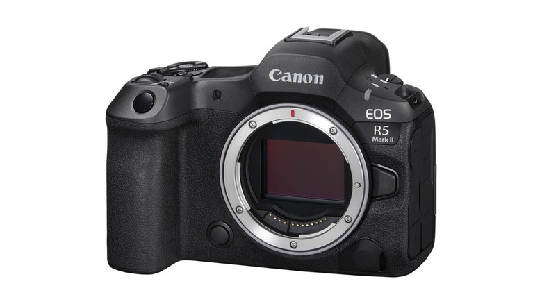 The Canon EOS R5 Mark II against a white background