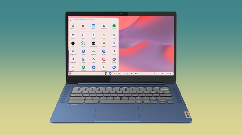Lenovo IdeaPad Slim 3 Chromebook against a gradient background