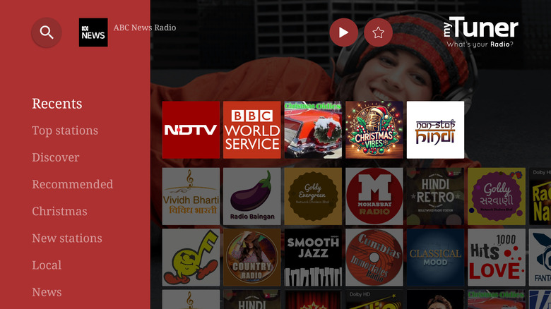 All options available on the myTuner Radio smart TV app.