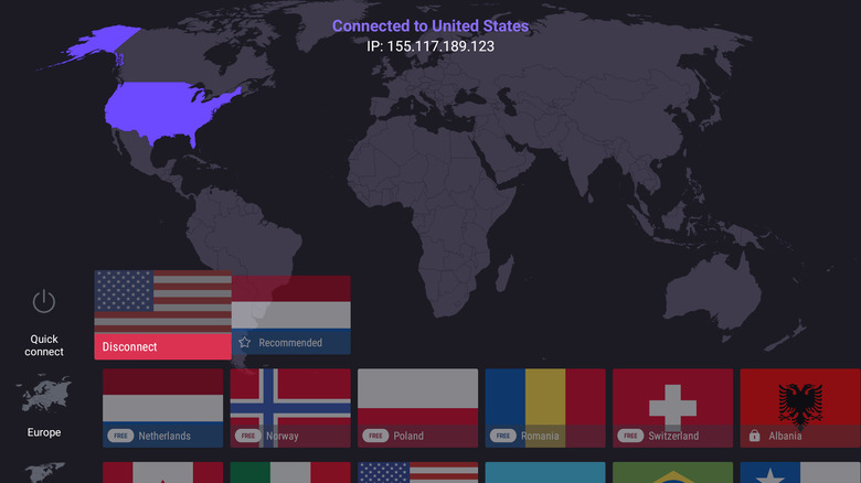 Proton VPN smart TV app showing world map and server locations.