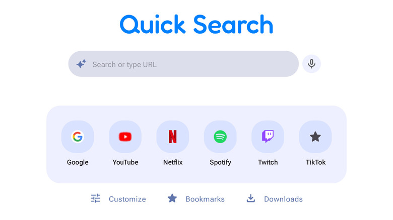 Quick Search Browser for TV home screen with search bar and app shortcuts.