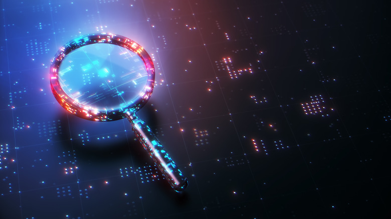Render of magnifying glass with digital light emanating from everywhere