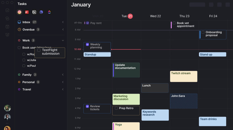 Morgen Calendar screenshot showing dark theme with weekly planner