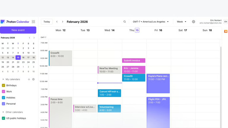 Proton Calendar screenshot showing week view with schedule
