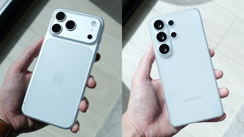 A collage showing hands  holding the iPhone 17 Pro and the Samsung Galaxy S26 Ultra with the Bare Naked cases