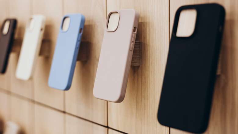 Assortment of phone cases in an electronics shop