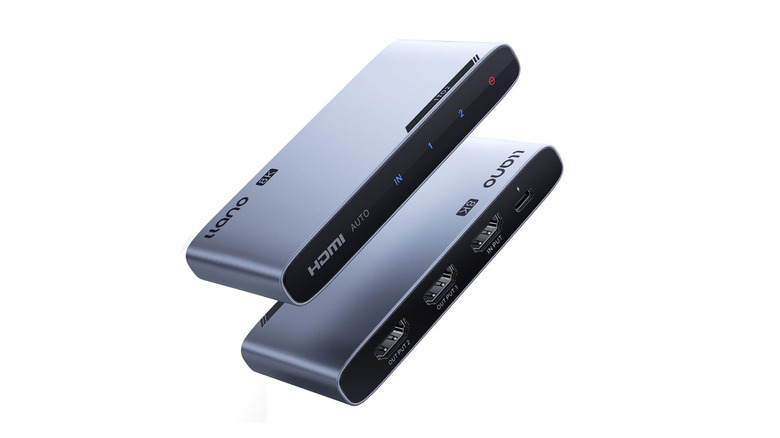 The Llano 1 in 2 out 8K HDMI splitter against a white background