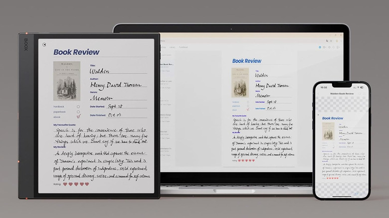 Onyx Boox Note Air5 C showing a handwritten book review synced across a laptop and smartphone.