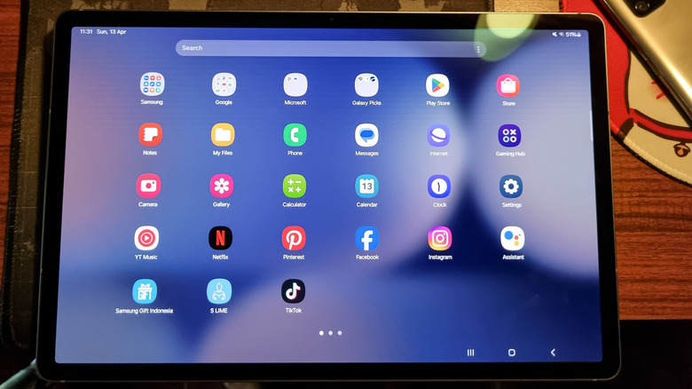 Samsung Galaxy Tab S10 Plus showing its home screen with app icons displayed in landscape orientation.