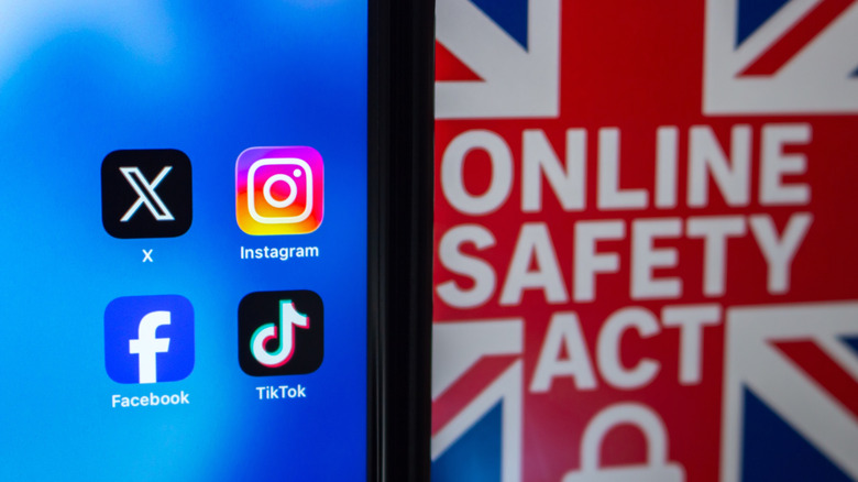 Social media icons next to poster of UK flag with ONLINE SAFETY ACT printed on it