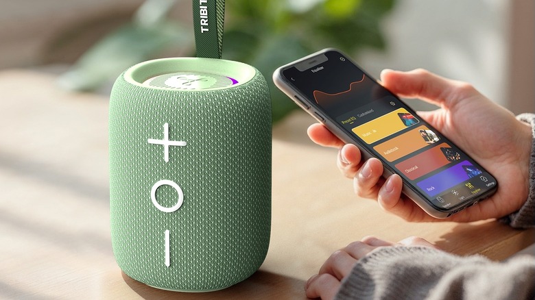 A person adjusting the Tribit StormBox Mini+ settings on an iPhone with the speaker on the side