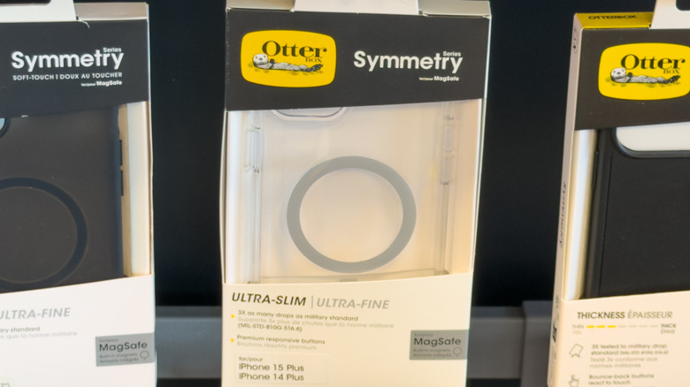 OtterBox Symmetry MagSafe Clear Phone Case on display in a retail store