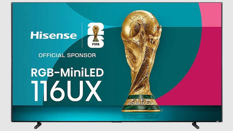 A face on view of the Hisense 116-Inch Class UX Series RGB-MiniLED 4K