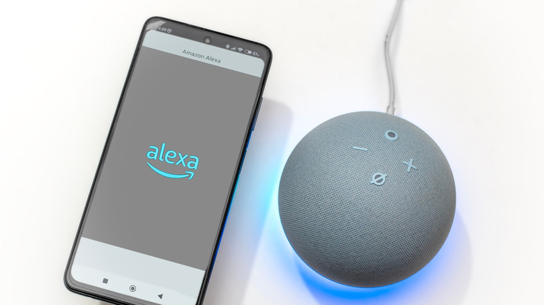 The Amazon Alexa app open on a smartphone next to an Echo Dot speaker.