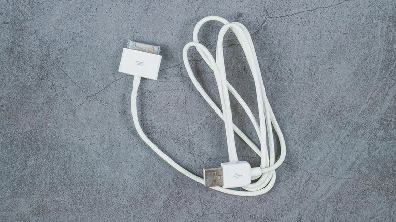 An Apple 30-pin cable on a grey background.