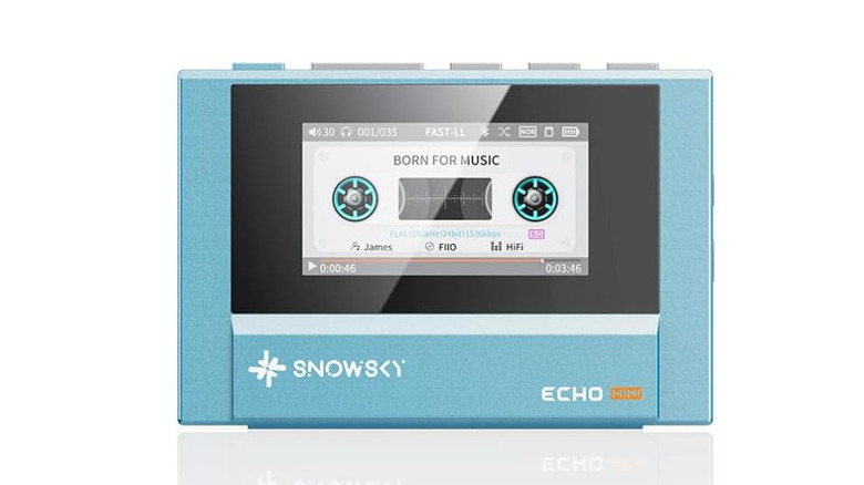 A blue digital music player on white background