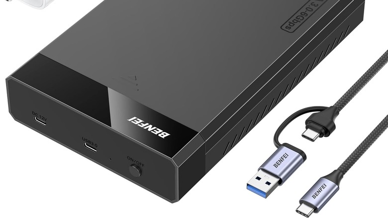 A black USB hard drive enclosure