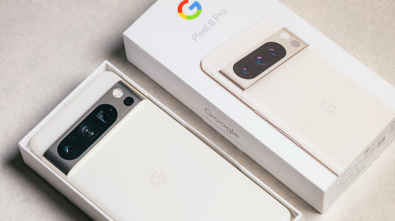 google pixel 8 pro in the box, back facing upward