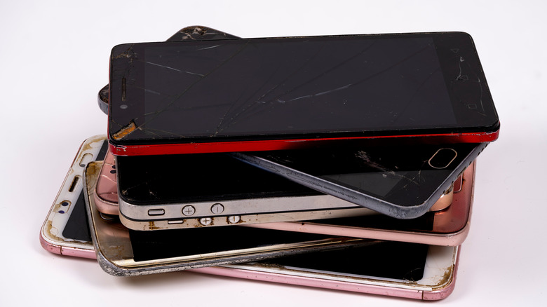 Stack of old smartphones.