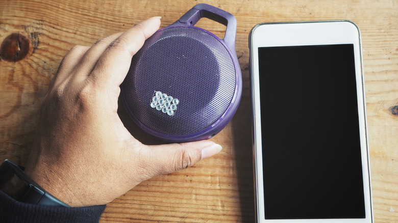 Bluetooth speaker next to a smartphone.
