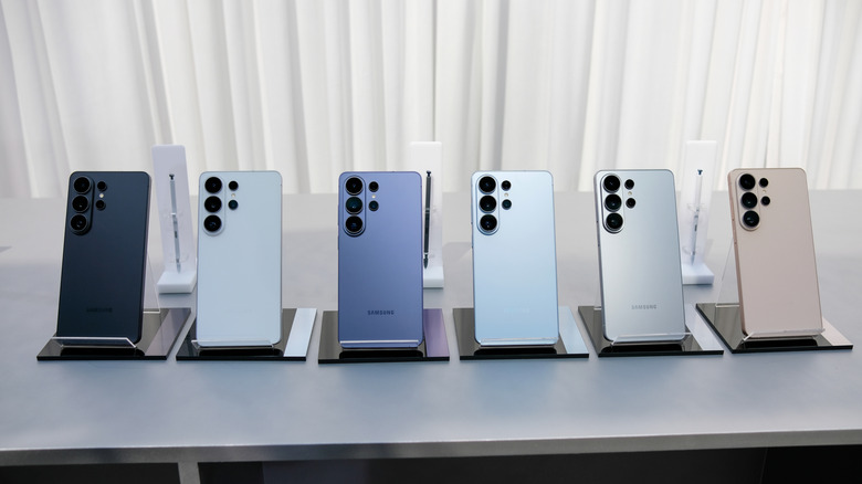 all the Galaxy S26 Ultra phones side by side showing the color options at the Unpacked event