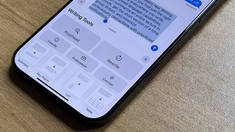 An iPhone displaying Apple's Writing Tool features on iMessage
