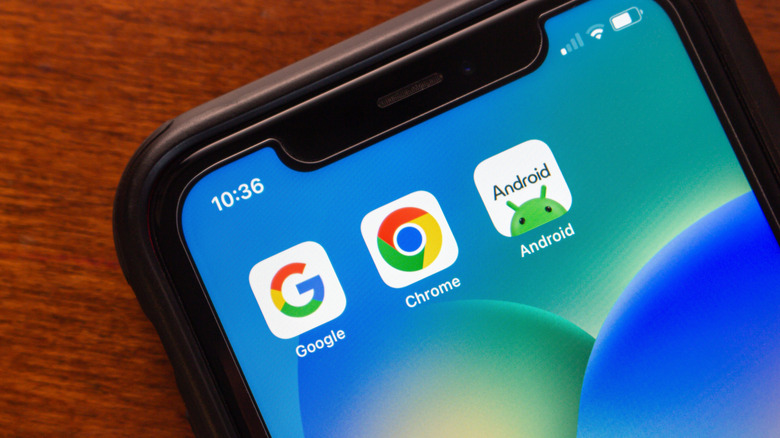 android phone with google app, chrome app, and Android app icons