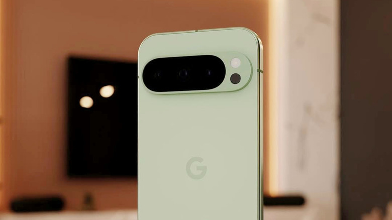 back of a Google pixel smartphone showing camera bar and Google icon, tv in background
