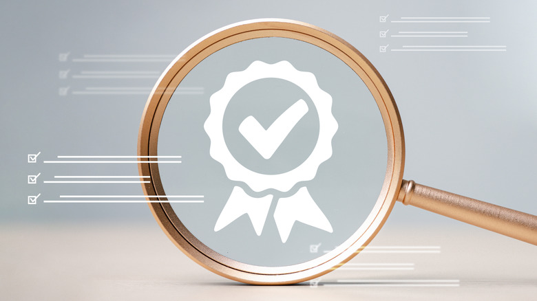 warranty concept, magnifying glass showing ribbon with checkmark symbol, suggesting quality guaranteed