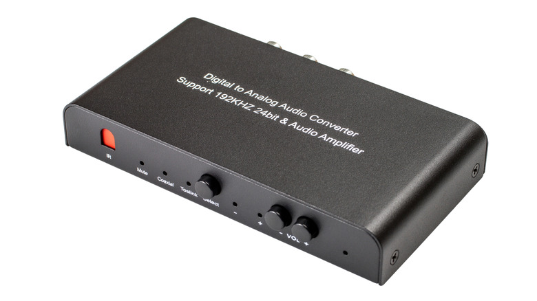 A digital-to-audio converter and audio amplifier against a white background