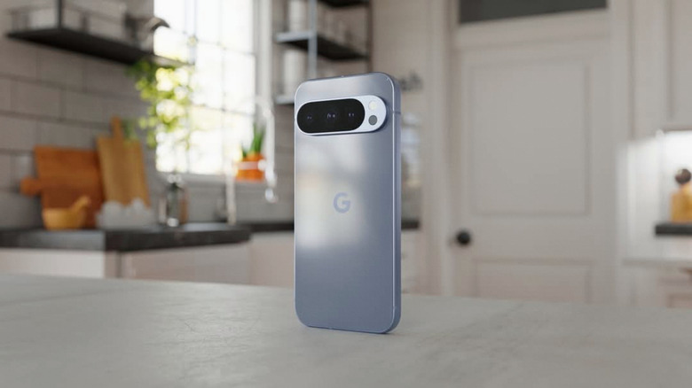 Google Pixel phone displayed on a countertop.