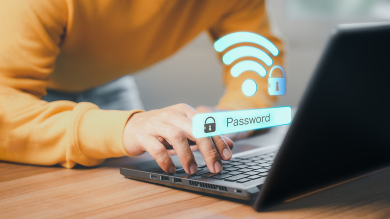 Someone entering their Wi-Fi password on a laptop with the input fields visualized.