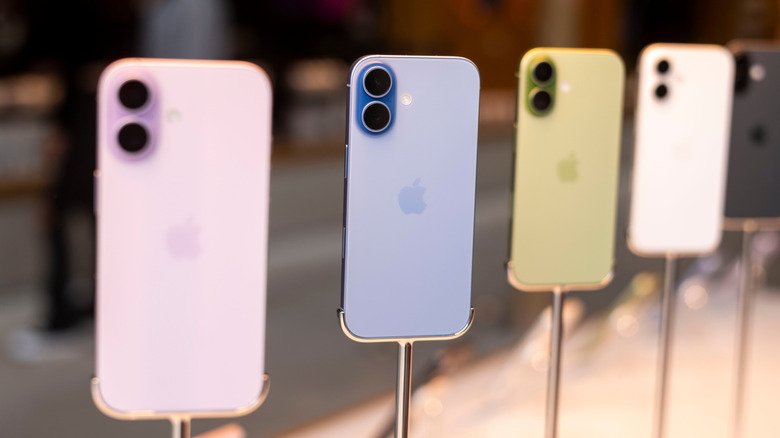 Apple iPhone 17 models on display in a row.