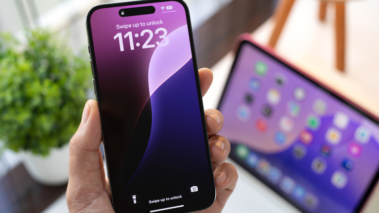 Man hand holding Apple iPhone 15 Pro Max and iPad with home screen iOS and iPadOS 18