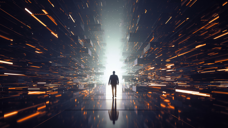 A person walking forward through a futuristic digital space