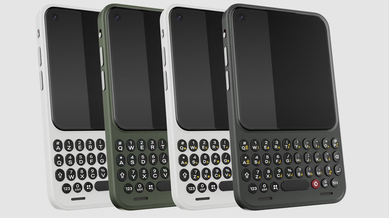 Four phones with full QWERTY keyboards on white background.