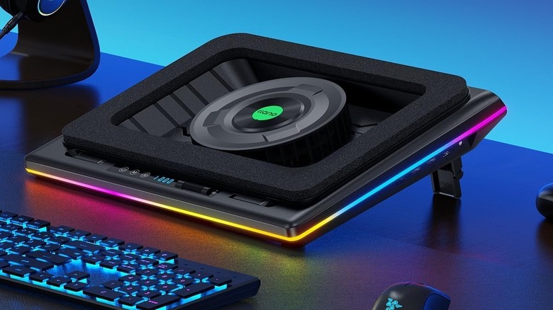 The Llano V12 RGB Laptop Cooling Pad on a desk.