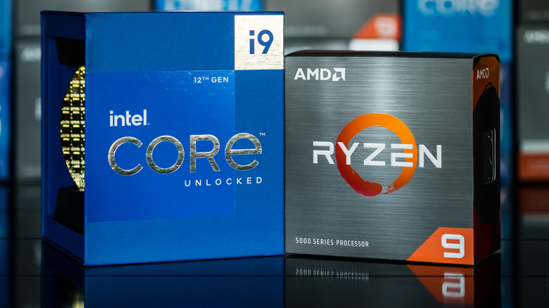 Intel Core i9 12th Gen and AMD Ryzen 9 processor boxes displayed side by side.
