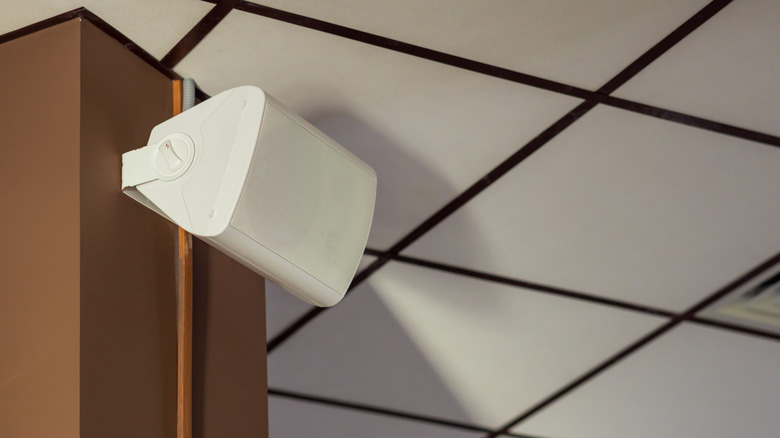 A wall-mounted speaker in white is mounted close to a drop ceiling.