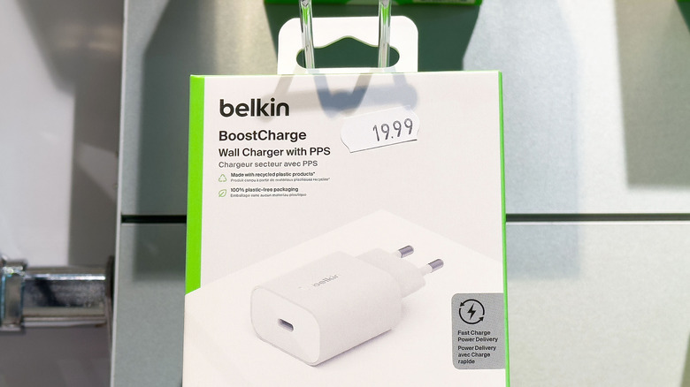 Belkin BoostCharge 25W wall charger with PPS displayed in a store