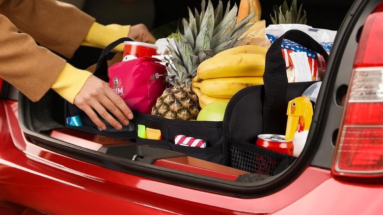 A person placing groceries in a TrunkCratePro boot organizer